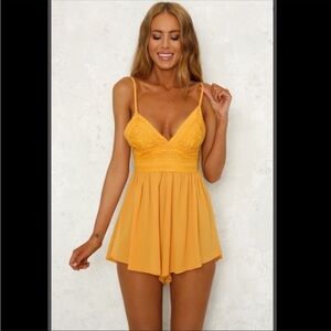 Yellow Lace Trim Babydoll Romper